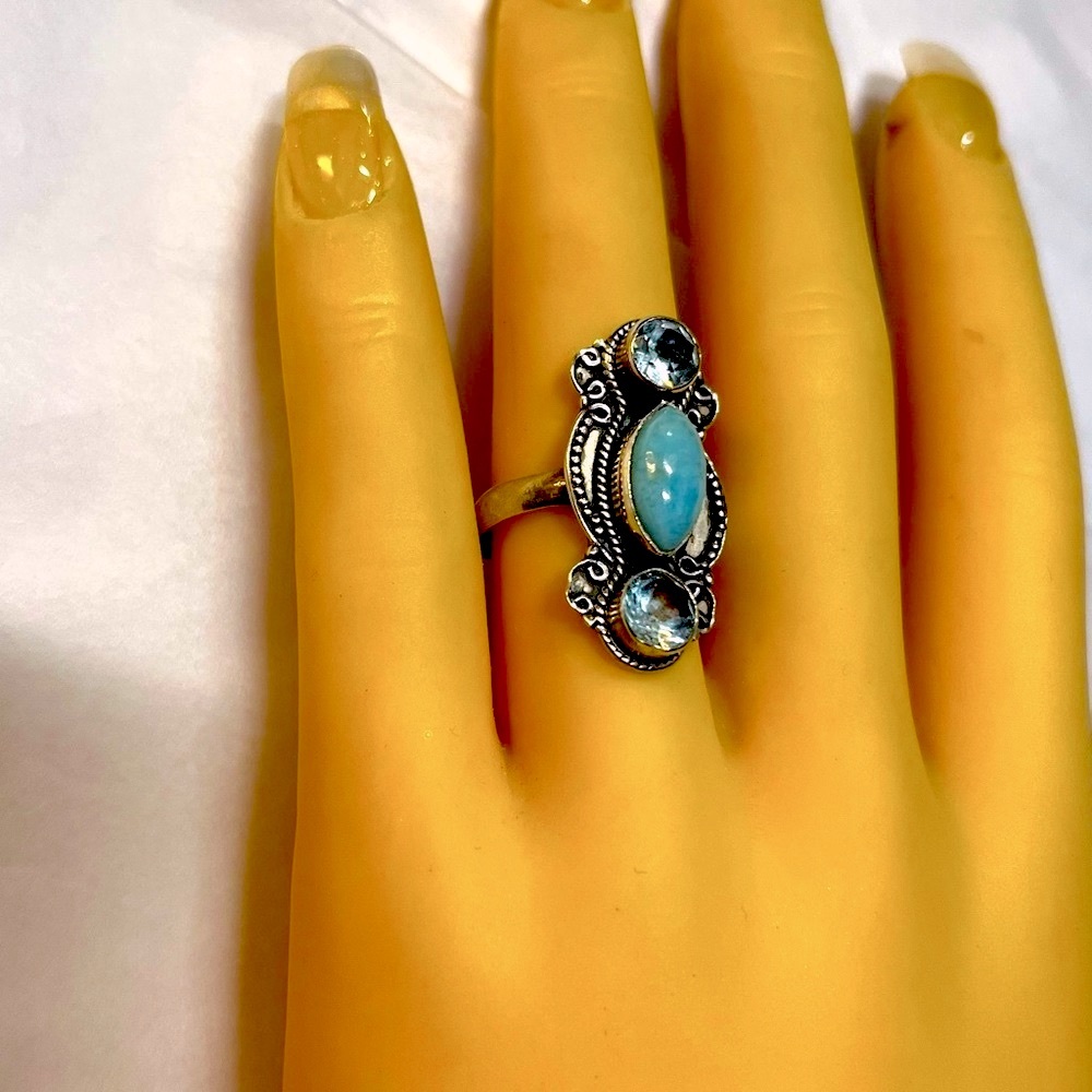 LARIMAR STERLING SILVER RING 2 AQUAMARINE STONES .925 1 1/2x1/2  Size 6 1/2 VINT - Picture 3 of 4